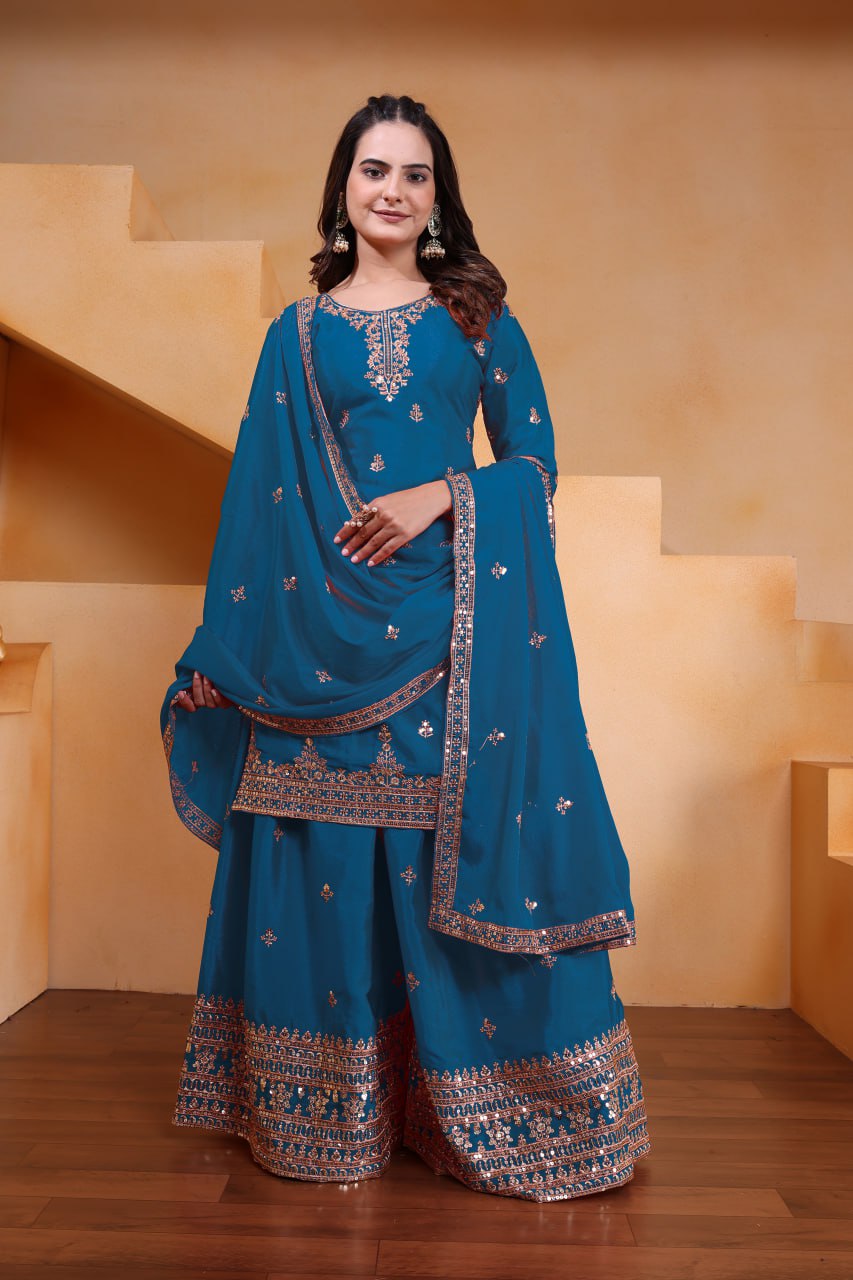 Teal Blue Designer Chinon Silk Embroidery Sharara Suit Set and Dupatta