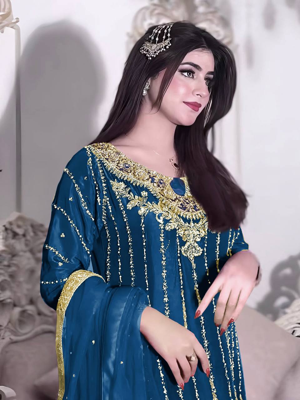 Teal Blue Designer Chinon Silk Plazzo Long Top and Dupatta For Party Wear