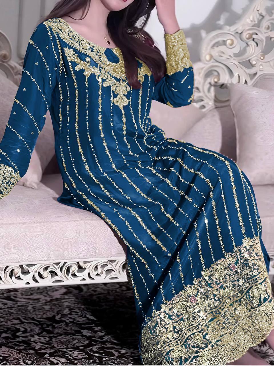 Teal Blue Designer Chinon Silk Plazzo Long Top and Dupatta For Party Wear
