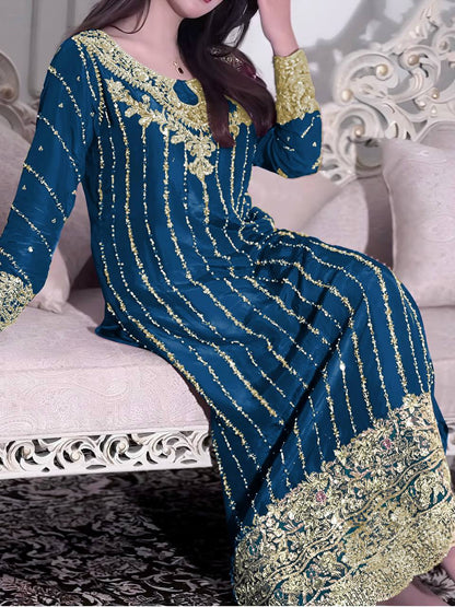Teal Blue Designer Chinon Silk Plazzo Long Top and Dupatta For Party Wear