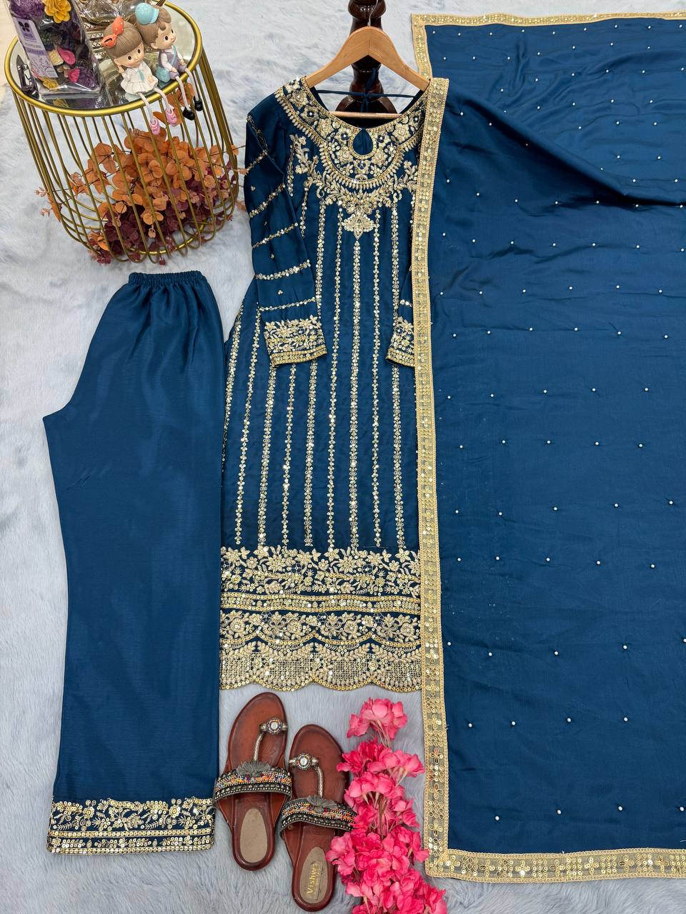 Teal Blue Designer Chinon Silk Plazzo Long Top and Dupatta For Party Wear