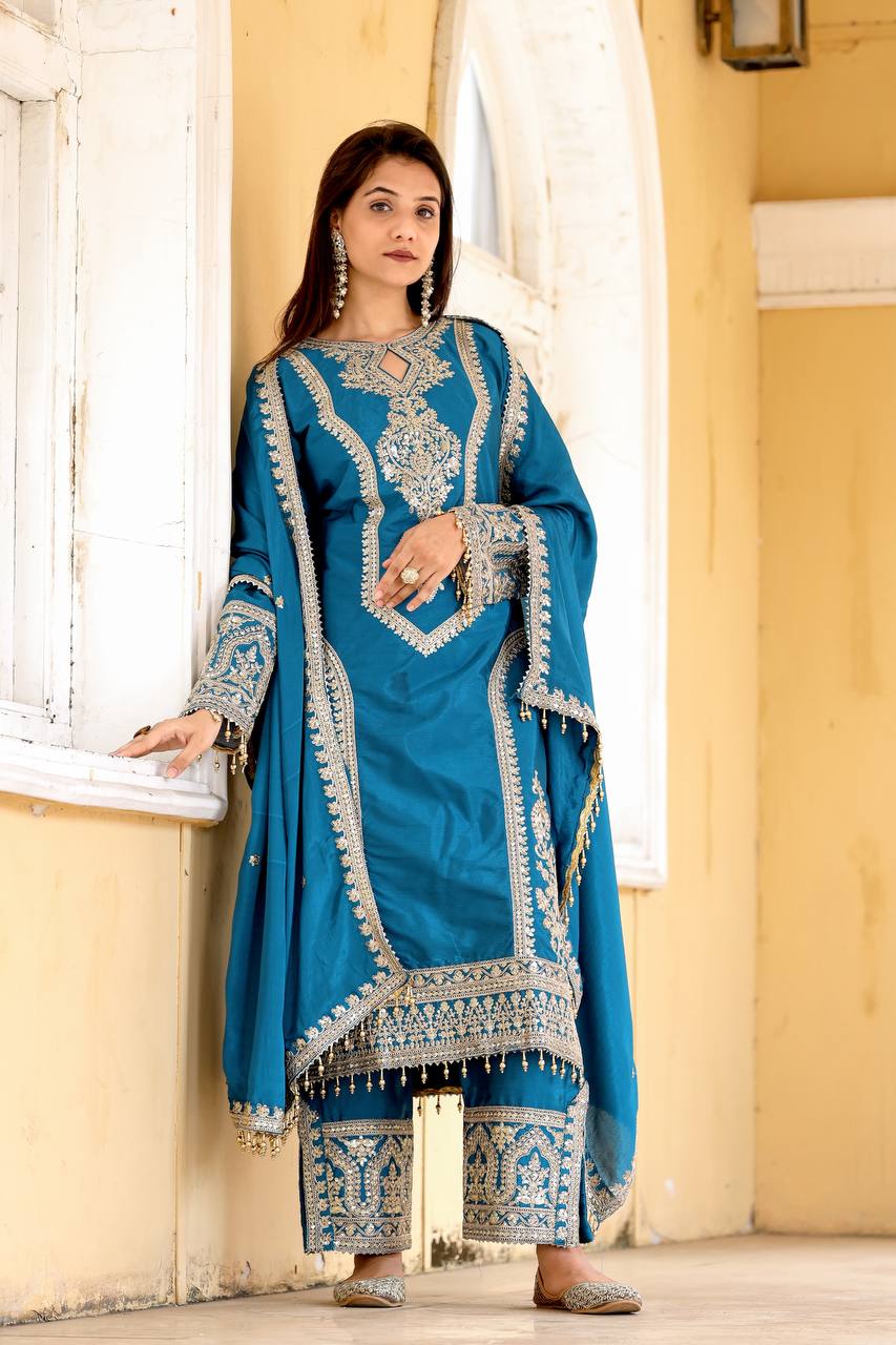 Teal Blue Designer Chinon Silk Plazzo Top and Dupatta For Party Wear