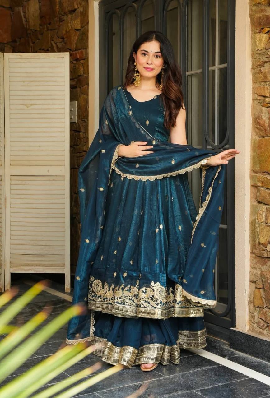 Teal Blue Designer Crunchy Silk Top Bottom and Dupatta For Party Wear