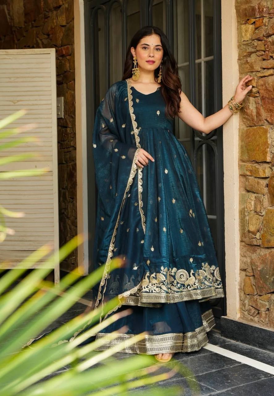 Teal Blue Designer Crunchy Silk Top Bottom and Dupatta For Party Wear