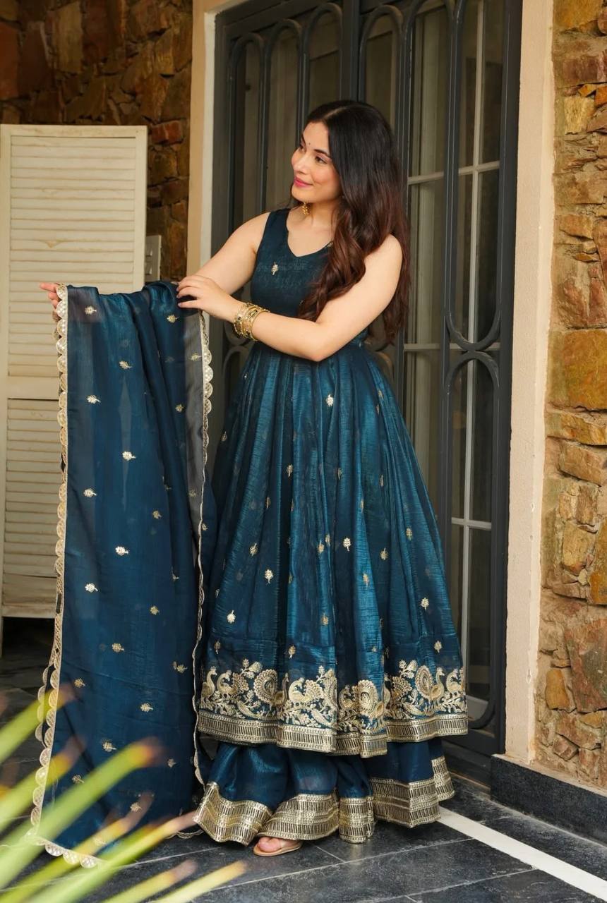 Teal Blue Designer Crunchy Silk Top Bottom and Dupatta For Party Wear