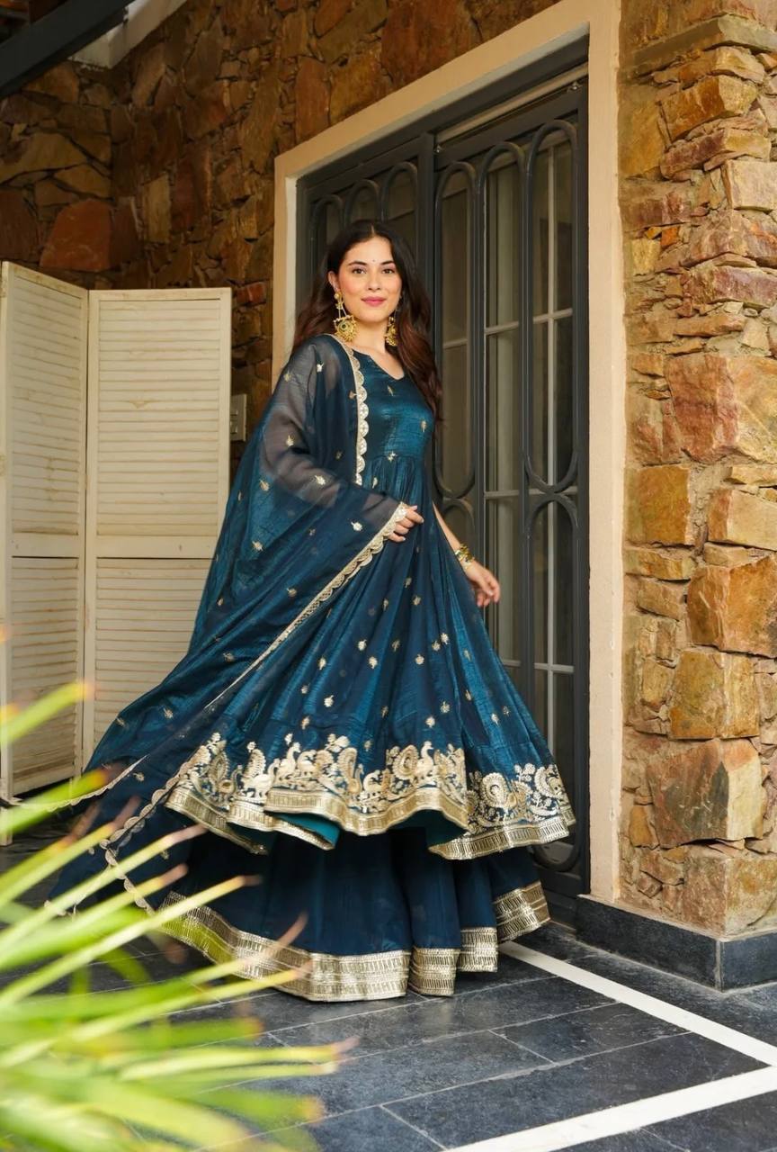 Teal Blue Designer Crunchy Silk Top Bottom and Dupatta For Party Wear