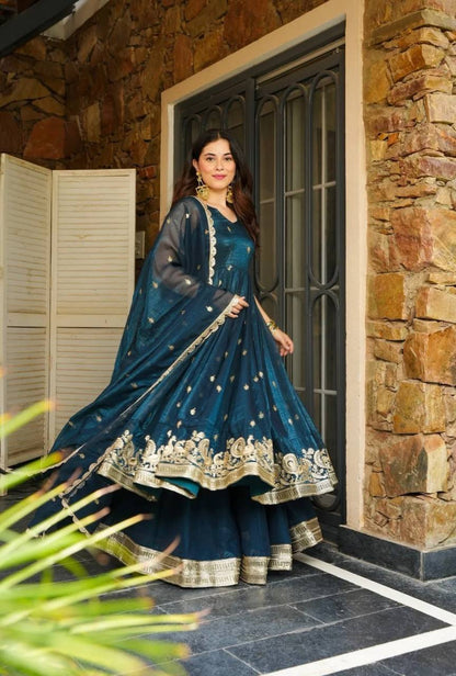 Teal Blue Designer Crunchy Silk Top Bottom and Dupatta For Party Wear