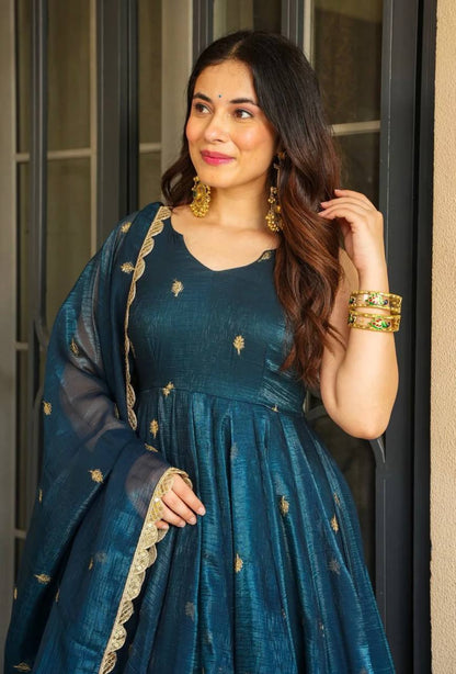 Teal Blue Designer Crunchy Silk Top Bottom and Dupatta For Party Wear