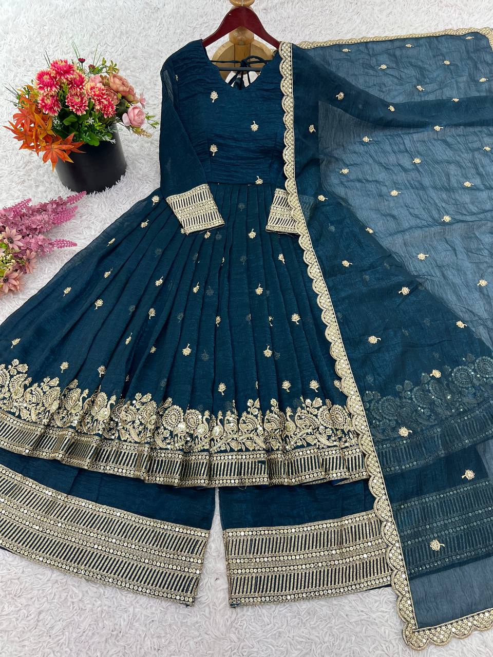Teal Blue Designer Crunchy Silk Top Bottom and Dupatta For Party Wear