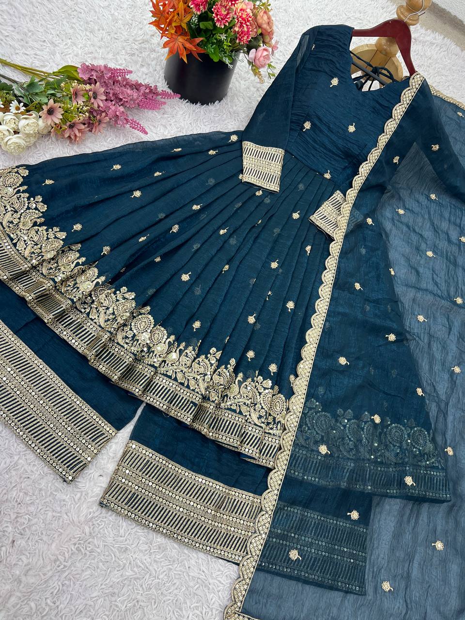 Teal Blue Designer Crunchy Silk Top Bottom and Dupatta For Party Wear