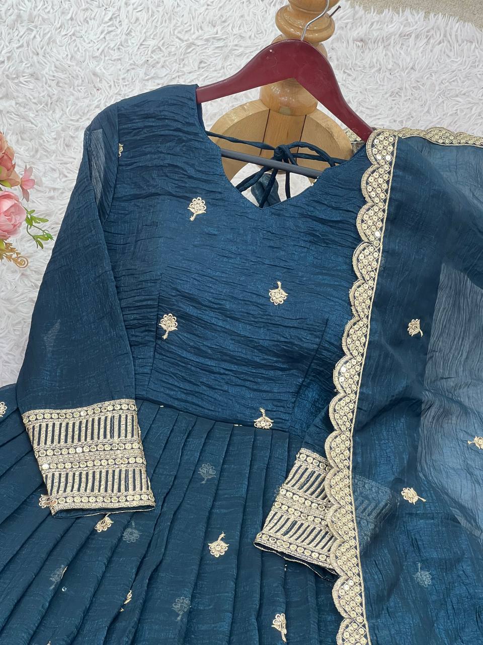 Teal Blue Designer Crunchy Silk Top Bottom and Dupatta For Party Wear