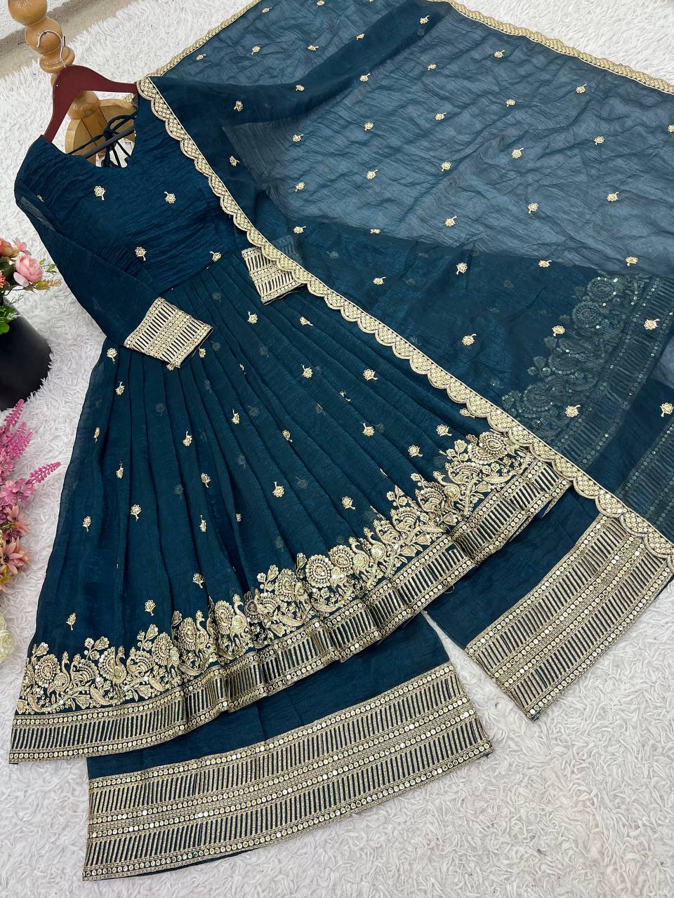 Teal Blue Designer Crunchy Silk Top Bottom and Dupatta For Party Wear