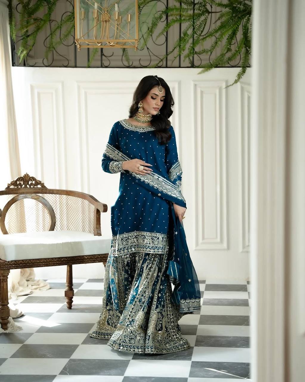 Teal Blue Designer Faux Georgette Embroidered Gharara Top and Dupatta