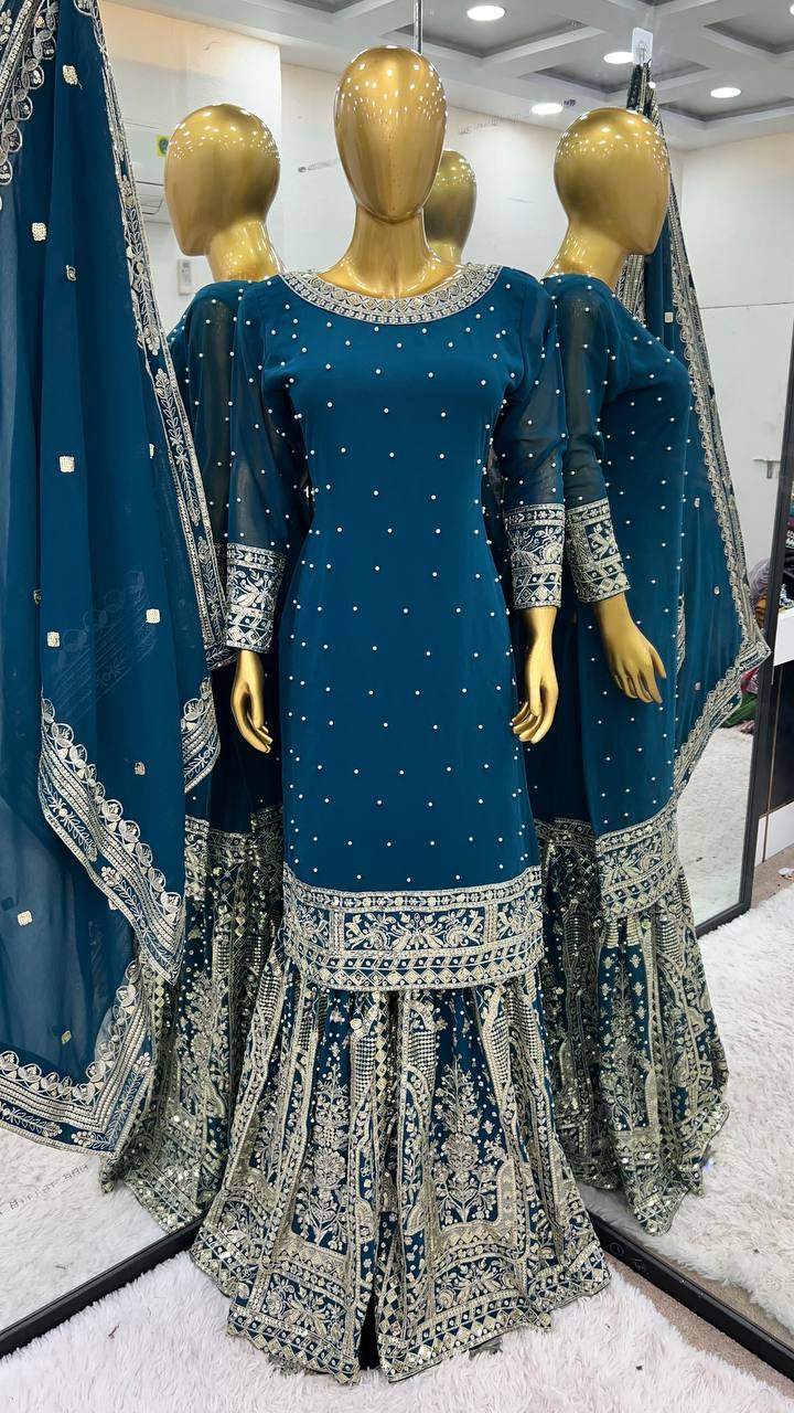 Teal Blue Designer Faux Georgette Embroidered Gharara Top and Dupatta