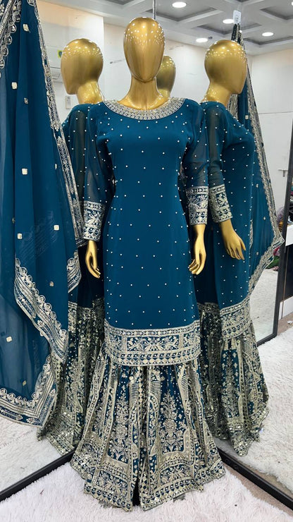 Teal Blue Designer Faux Georgette Embroidered Gharara Top and Dupatta