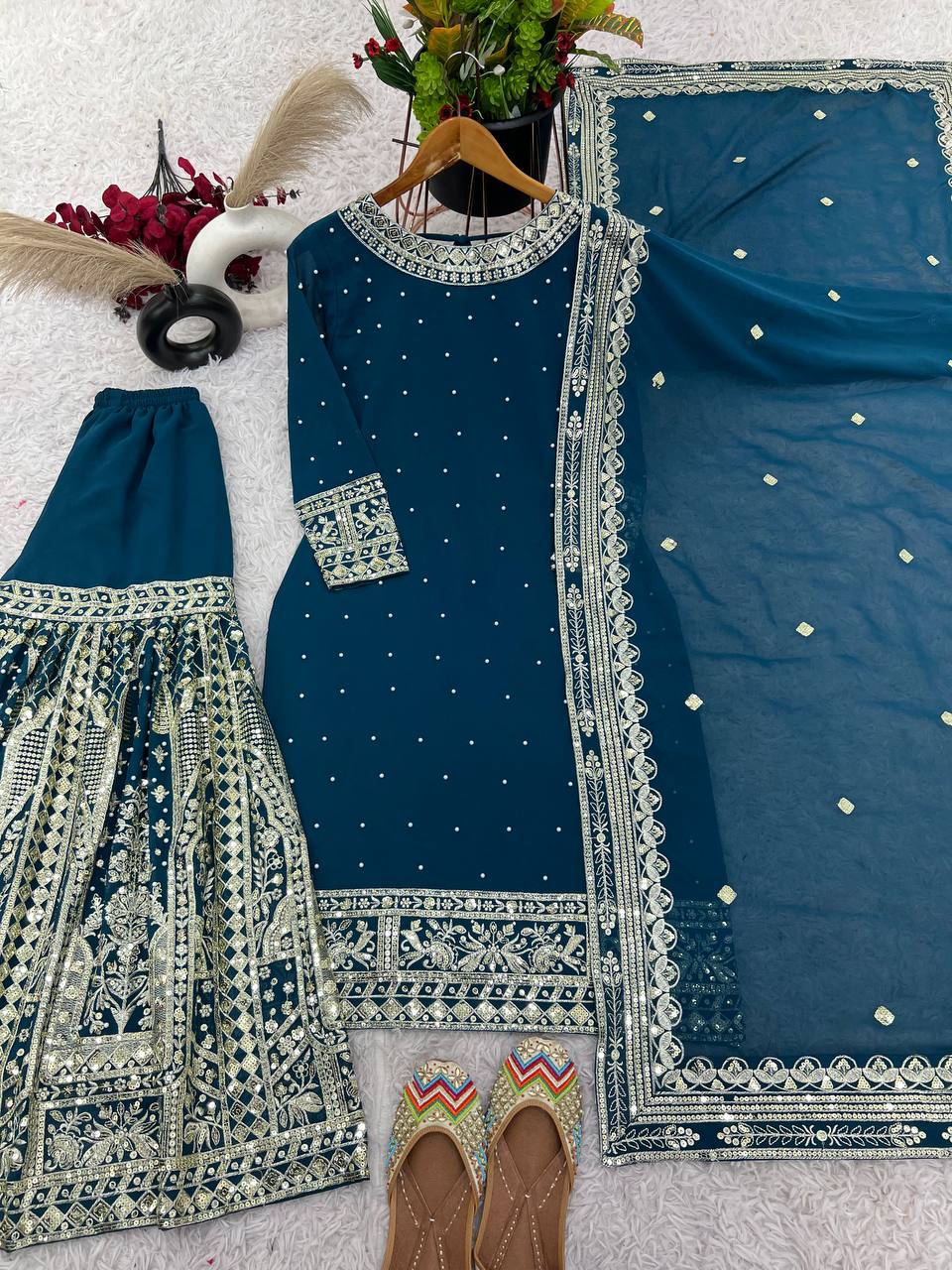 Teal Blue Designer Faux Georgette Embroidered Gharara Top and Dupatta