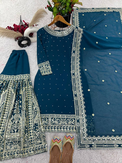 Teal Blue Designer Faux Georgette Embroidered Gharara Top and Dupatta