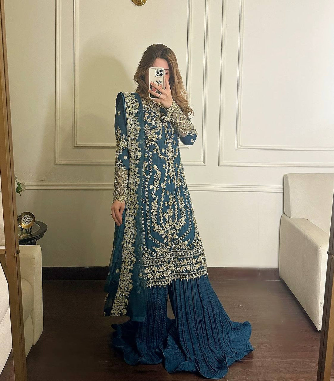 Teal Blue Designer Faux Georgette Khajuri Plazzo Long Top and Dupatta