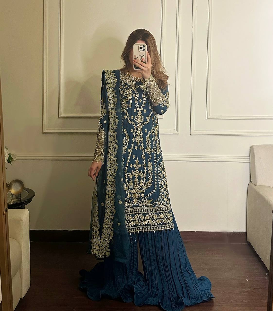 Teal Blue Designer Faux Georgette Khajuri Plazzo Long Top and Dupatta