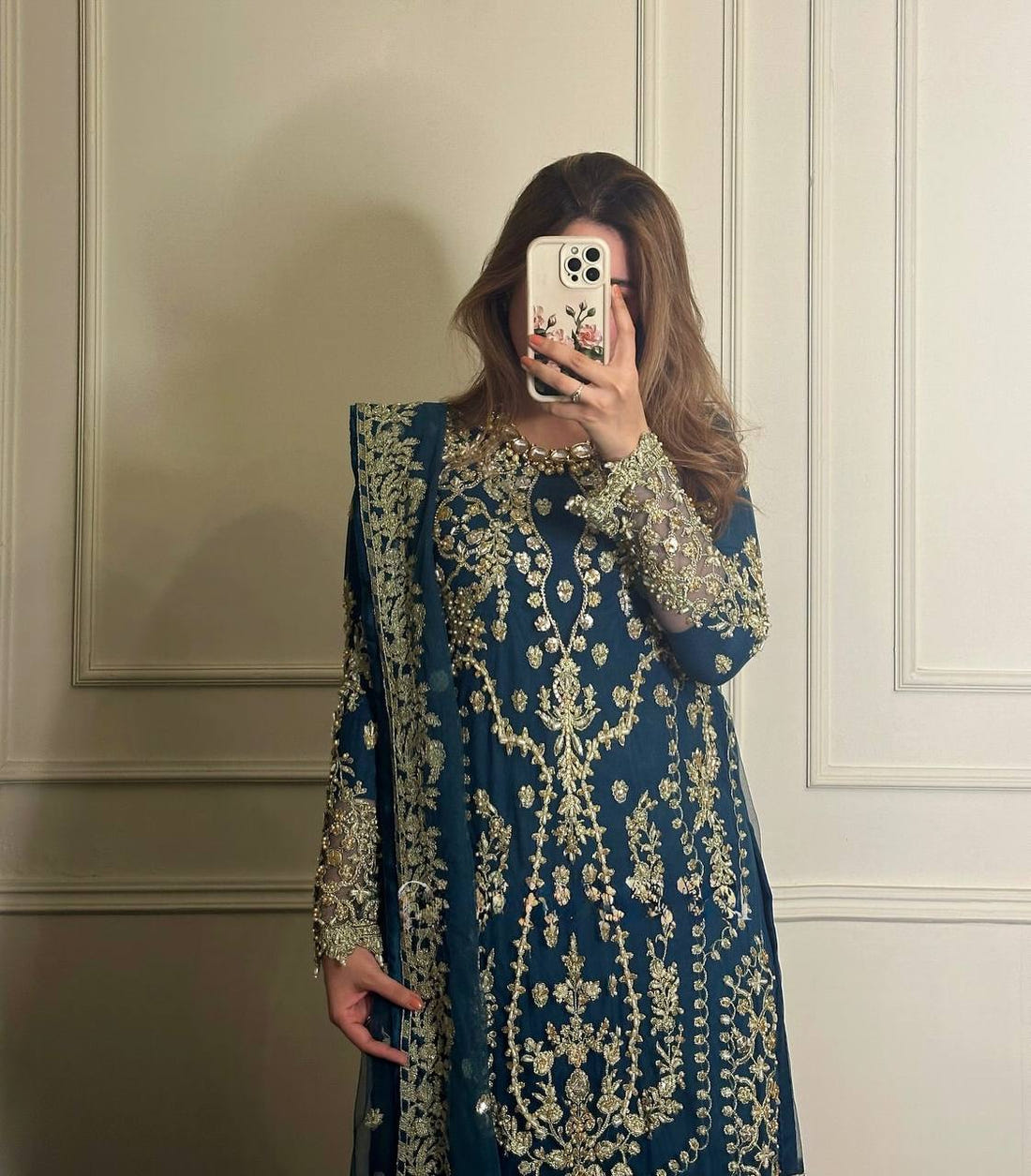 Teal Blue Designer Faux Georgette Khajuri Plazzo Long Top and Dupatta