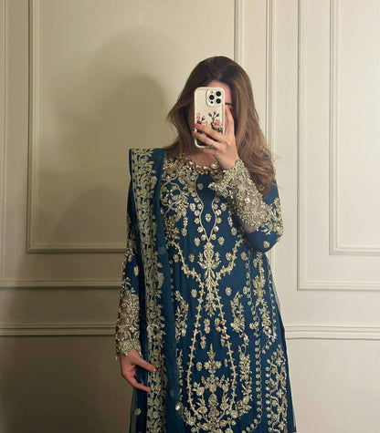 Teal Blue Designer Faux Georgette Khajuri Plazzo Long Top and Dupatta