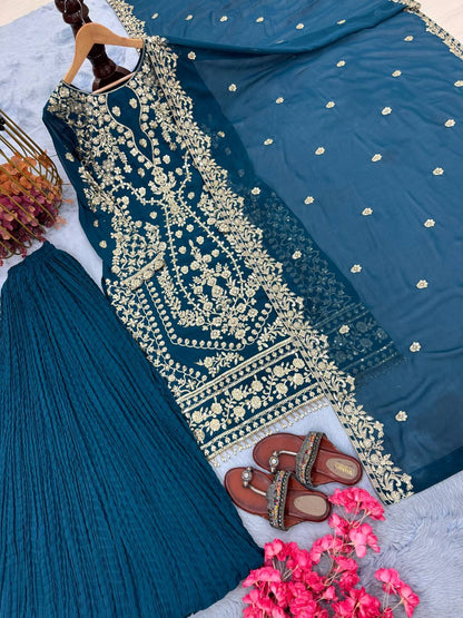 Teal Blue Designer Faux Georgette Khajuri Plazzo Long Top and Dupatta