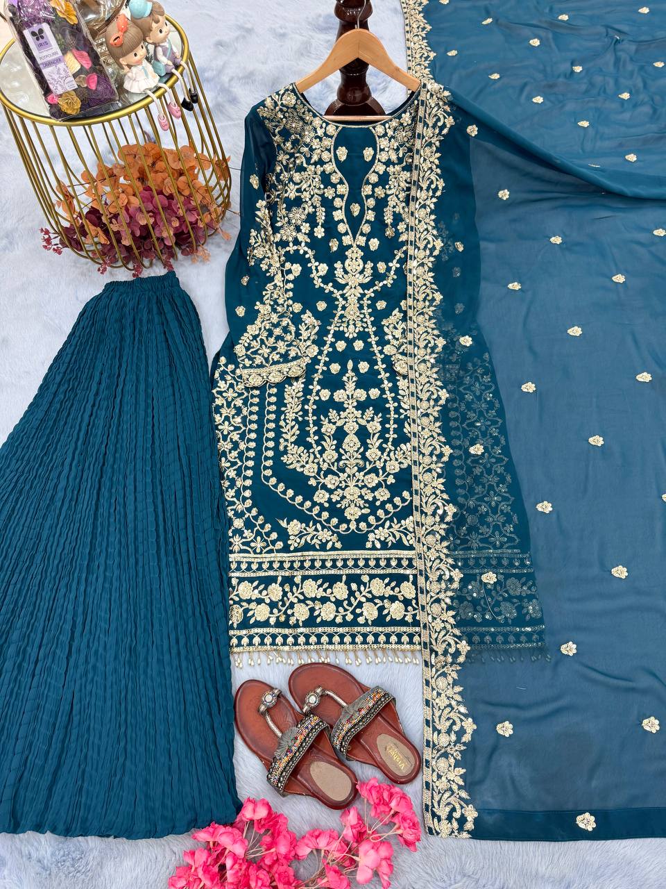 Teal Blue Designer Faux Georgette Khajuri Plazzo Long Top and Dupatta