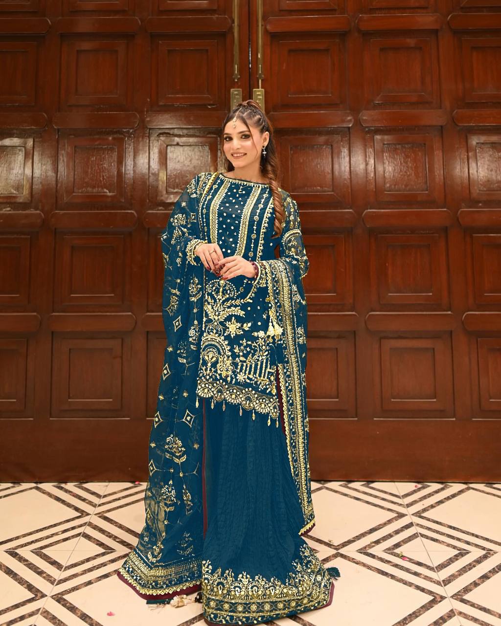 Teal Blue Designer Faux Georgette Plazzo Top and Dupatta For Party Wear