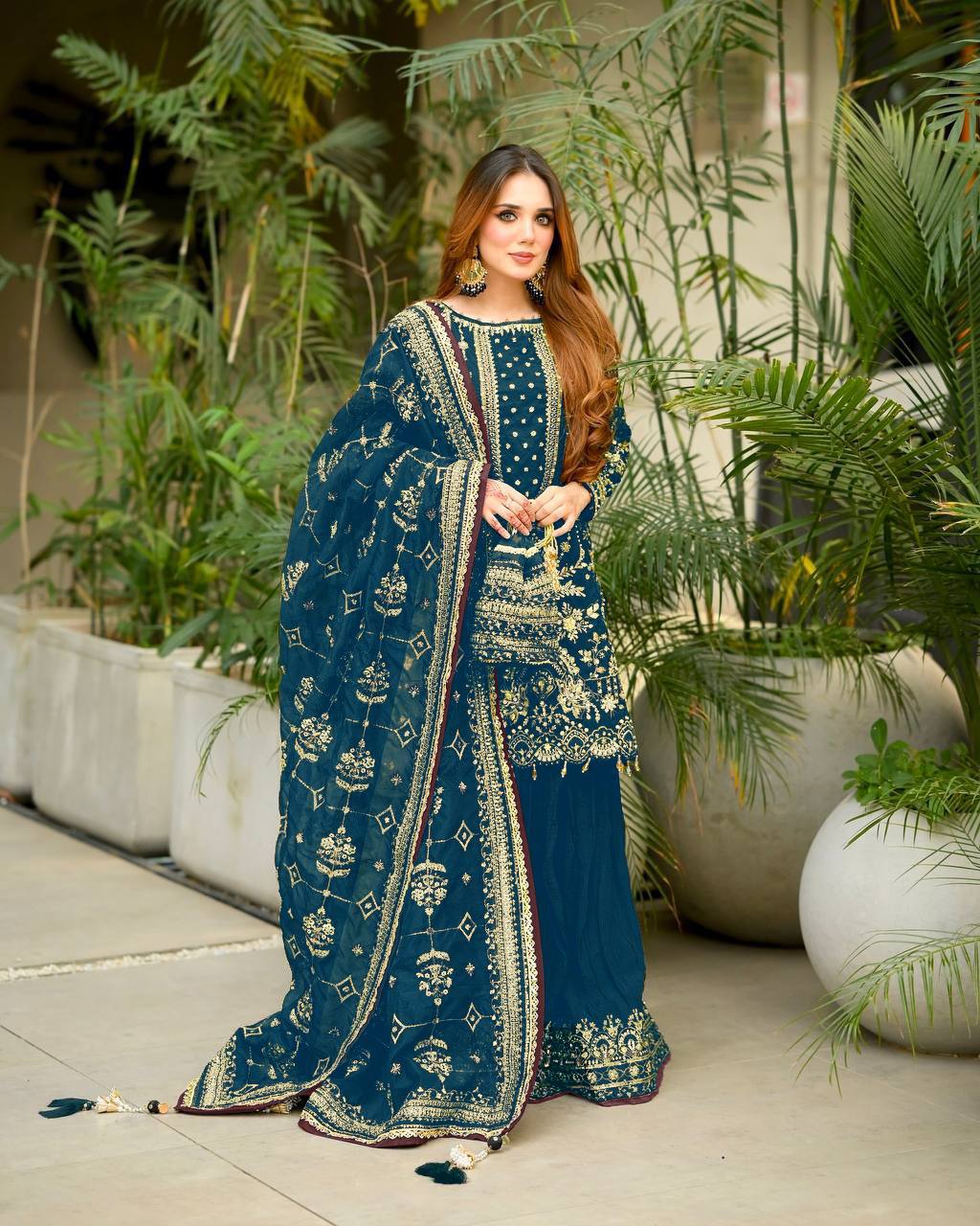 Teal Blue Designer Faux Georgette Plazzo Top and Dupatta For Party Wear