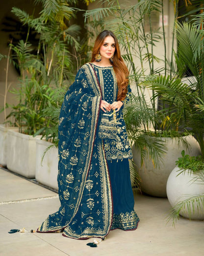 Teal Blue Designer Faux Georgette Plazzo Top and Dupatta For Party Wear