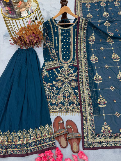 Teal Blue Designer Faux Georgette Plazzo Top and Dupatta For Party Wear