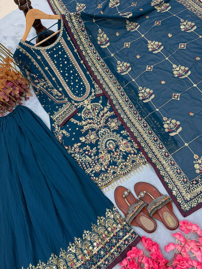 Teal Blue Designer Faux Georgette Plazzo Top and Dupatta For Party Wear
