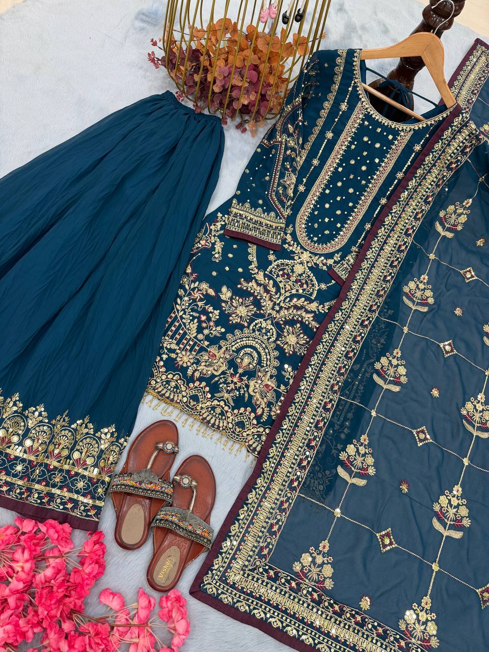 Teal Blue Designer Faux Georgette Plazzo Top and Dupatta For Party Wear