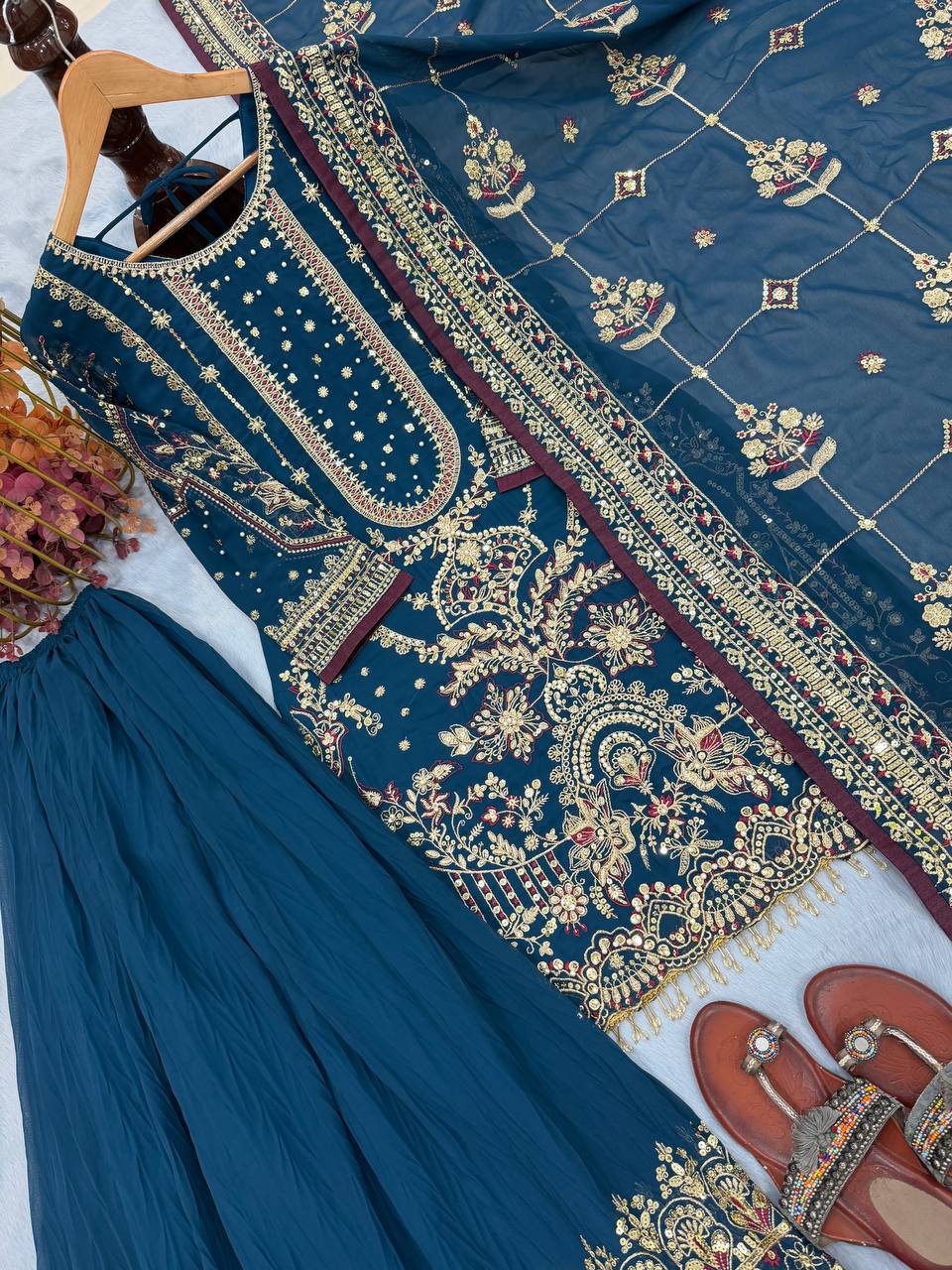 Teal Blue Designer Faux Georgette Plazzo Top and Dupatta For Party Wear