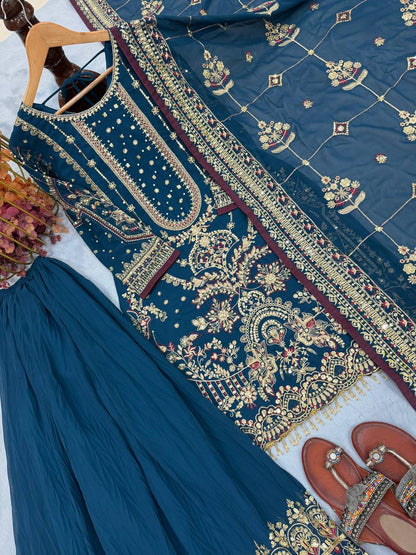 Teal Blue Designer Faux Georgette Plazzo Top and Dupatta For Party Wear