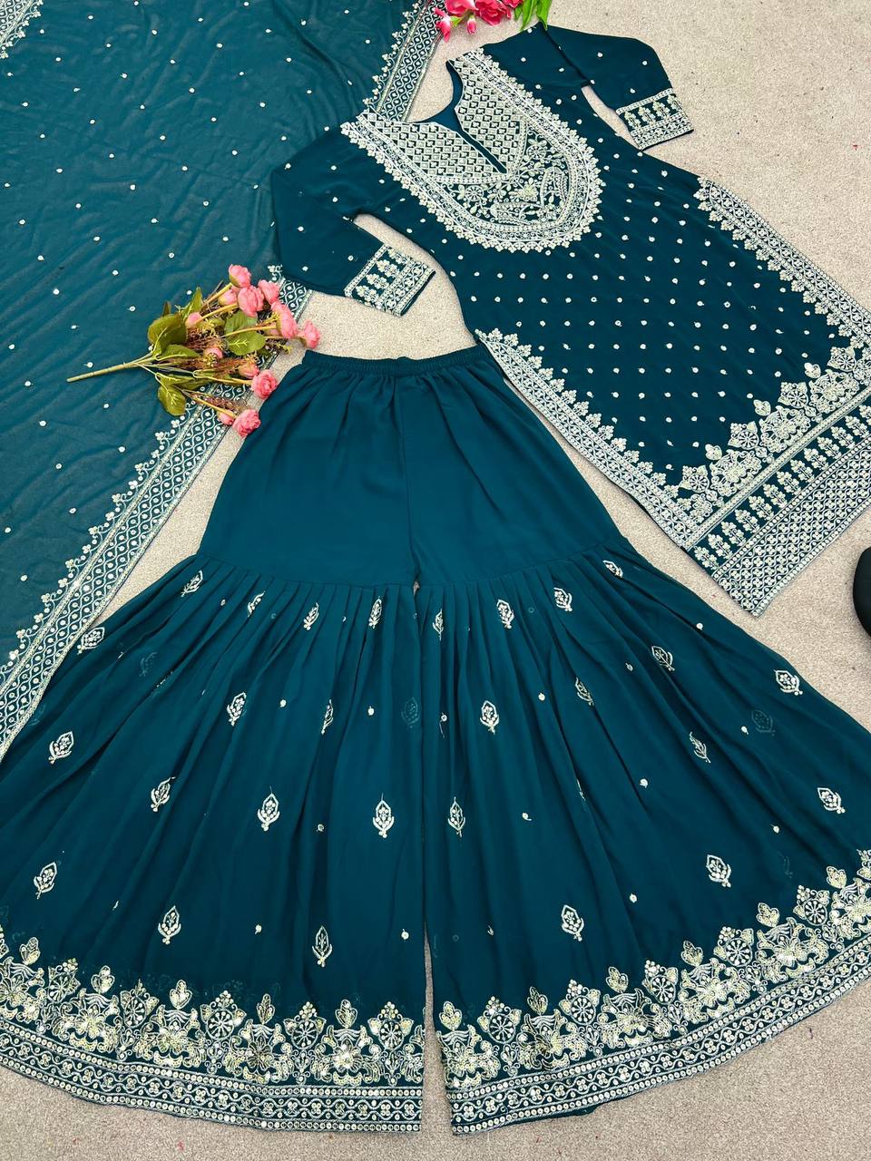 Teal Blue Designer Faux Georgette Top Gharara & Dupatta For Party Wear