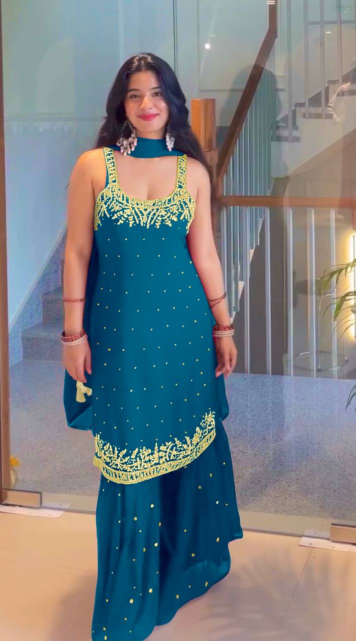 Teal Blue Designer Heavy Faux Georgette Plazzo Top and Dupatta
