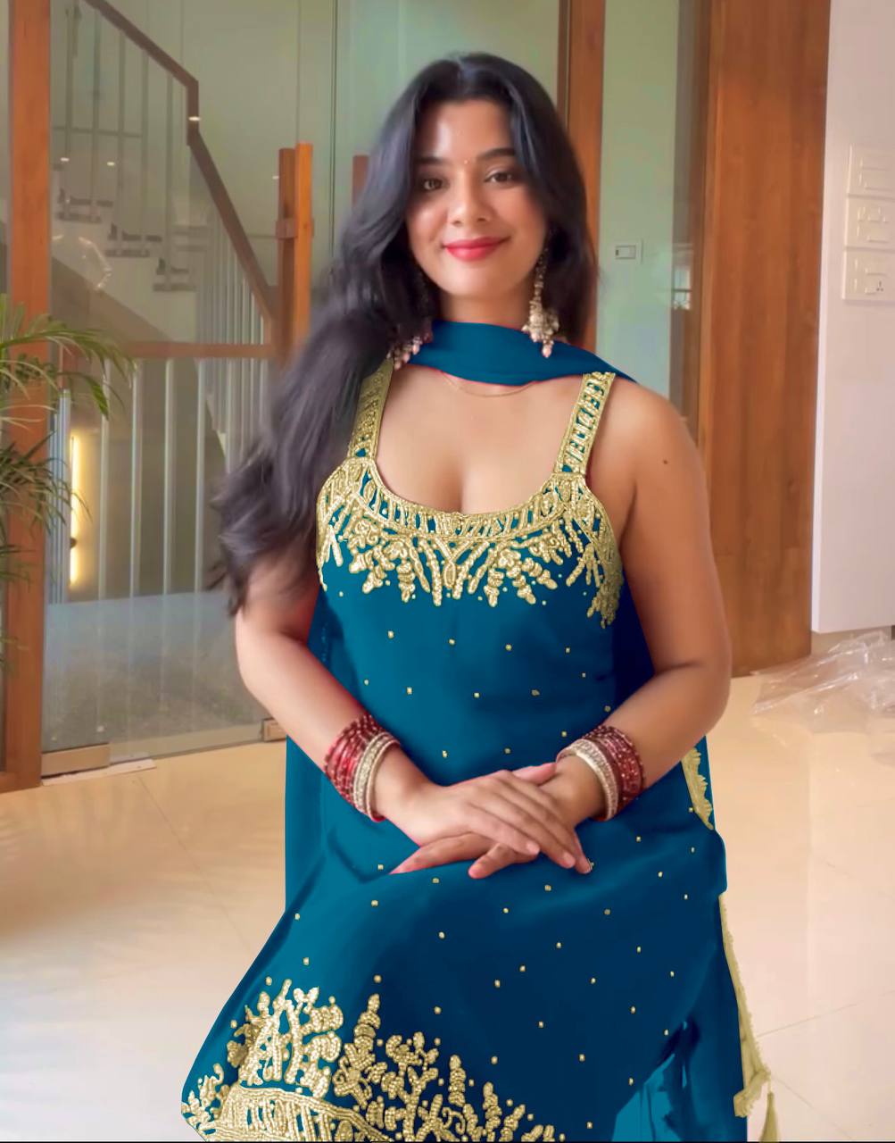 Teal Blue Designer Heavy Faux Georgette Plazzo Top and Dupatta