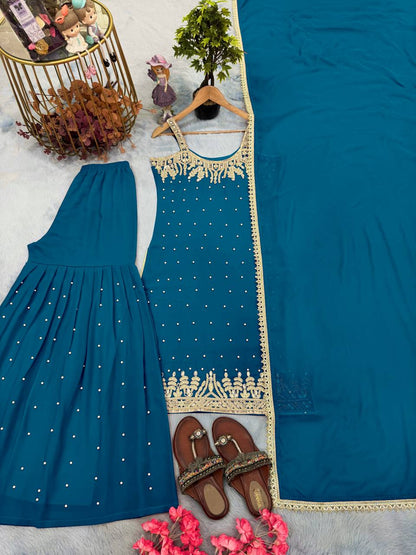 Teal Blue Designer Heavy Faux Georgette Plazzo Top and Dupatta