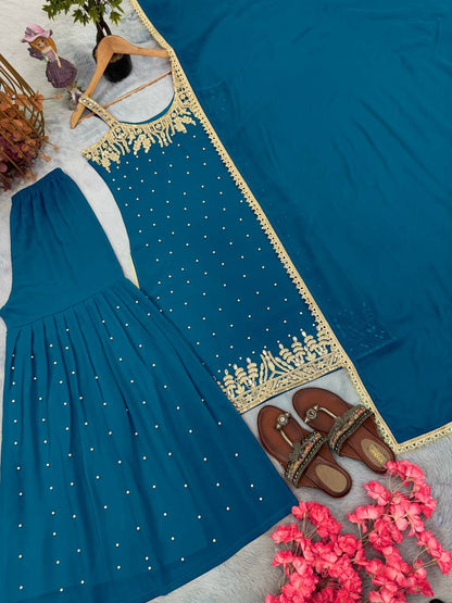 Teal Blue Designer Heavy Faux Georgette Plazzo Top and Dupatta