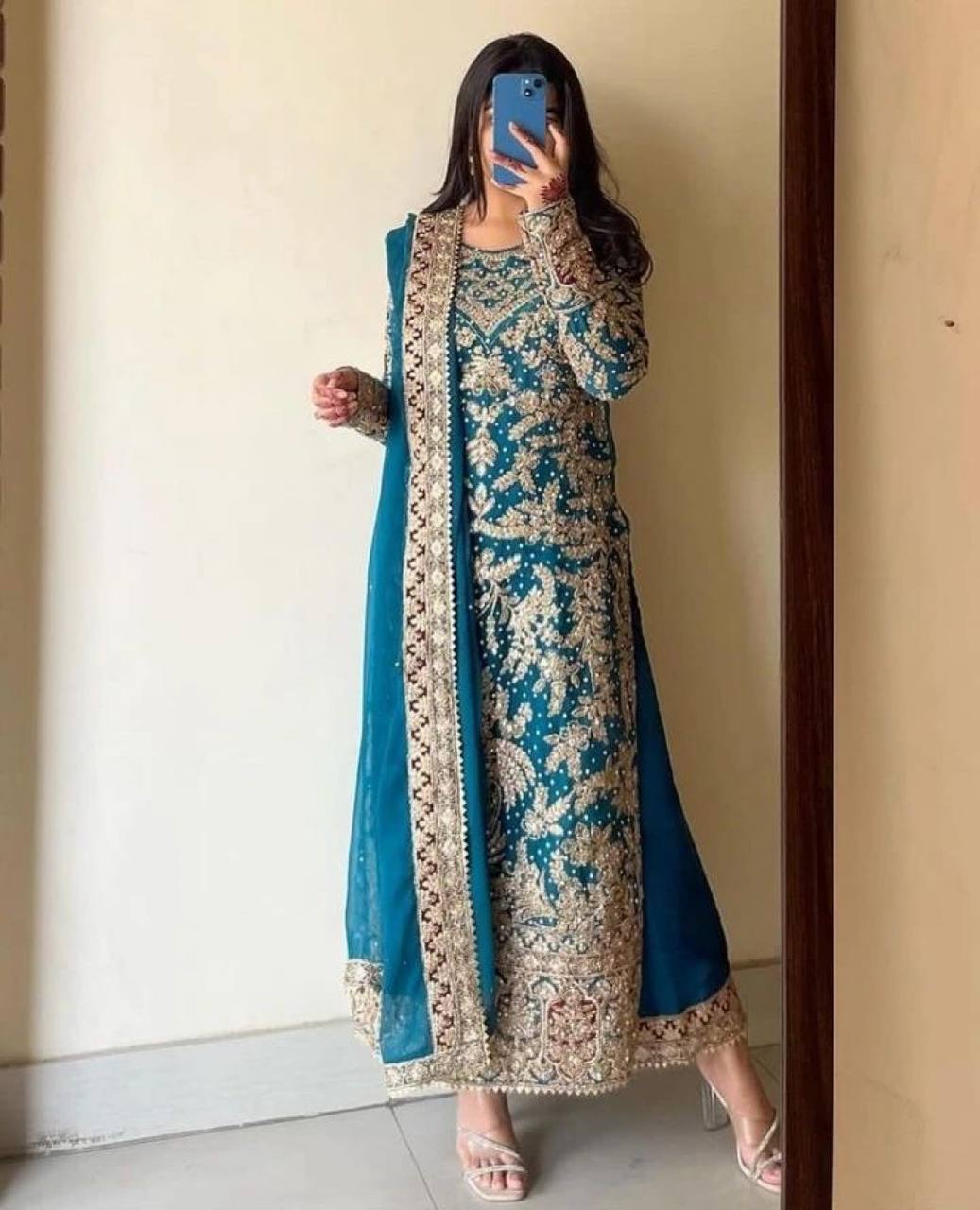 Teal Blue Designer Heavy Faux Georgette Plazzo Top and Dupatta Party Wear