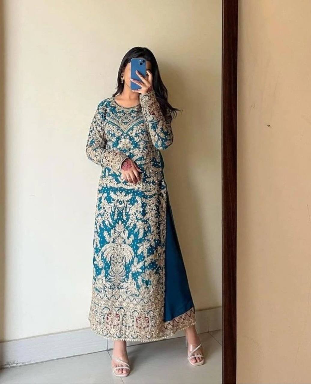 Teal Blue Designer Heavy Faux Georgette Plazzo Top and Dupatta Party Wear