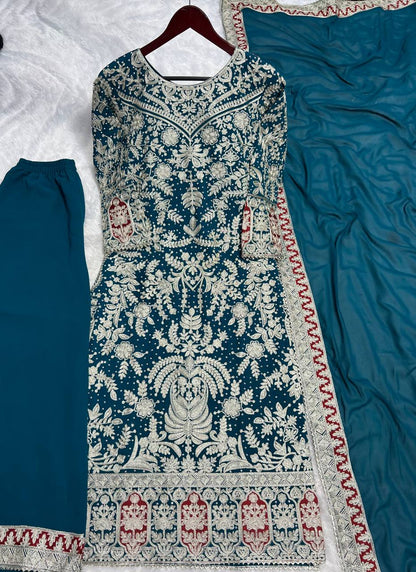 Teal Blue Designer Heavy Faux Georgette Plazzo Top and Dupatta Party Wear