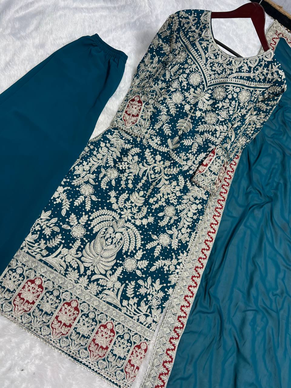 Teal Blue Designer Heavy Faux Georgette Plazzo Top and Dupatta Party Wear
