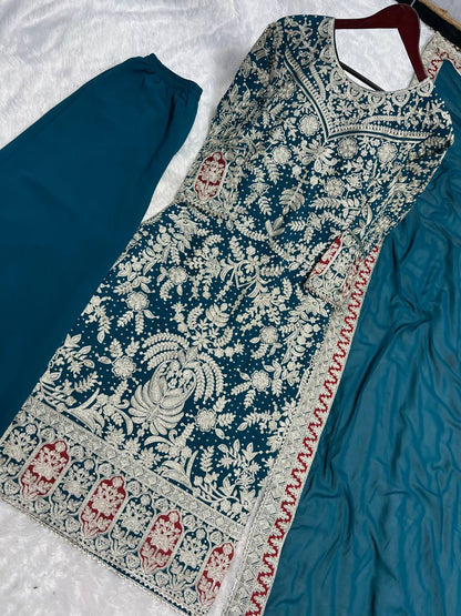 Teal Blue Designer Heavy Faux Georgette Plazzo Top and Dupatta Party Wear