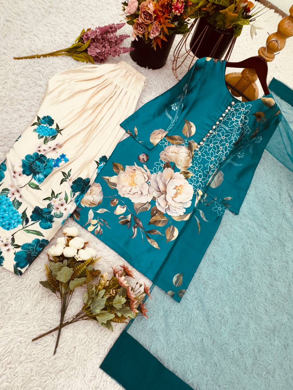 Teal Blue Designer Natural Crepe Silk Top Farshi Pant and Dupatta