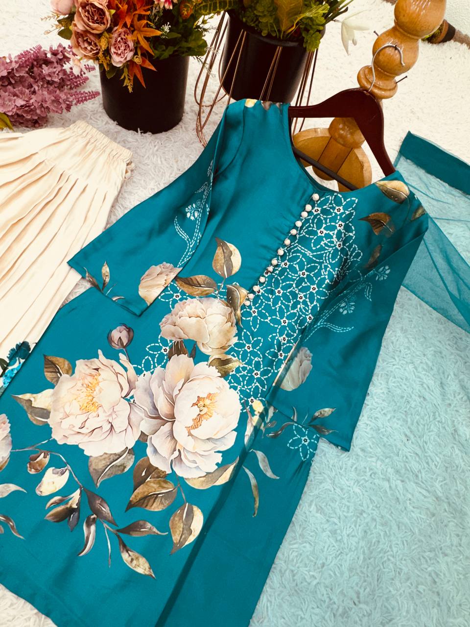 Teal Blue Designer Natural Crepe Silk Top Farshi Pant and Dupatta