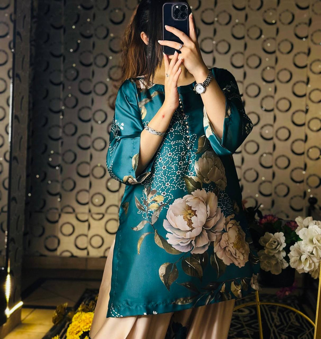 Teal Blue Designer Natural Crepe Silk Top Farshi Pant and Dupatta