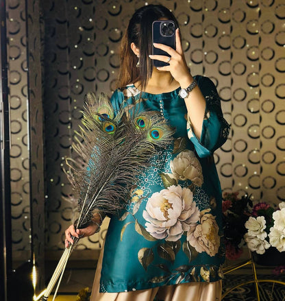 Teal Blue Designer Natural Crepe Silk Top Farshi Pant and Dupatta