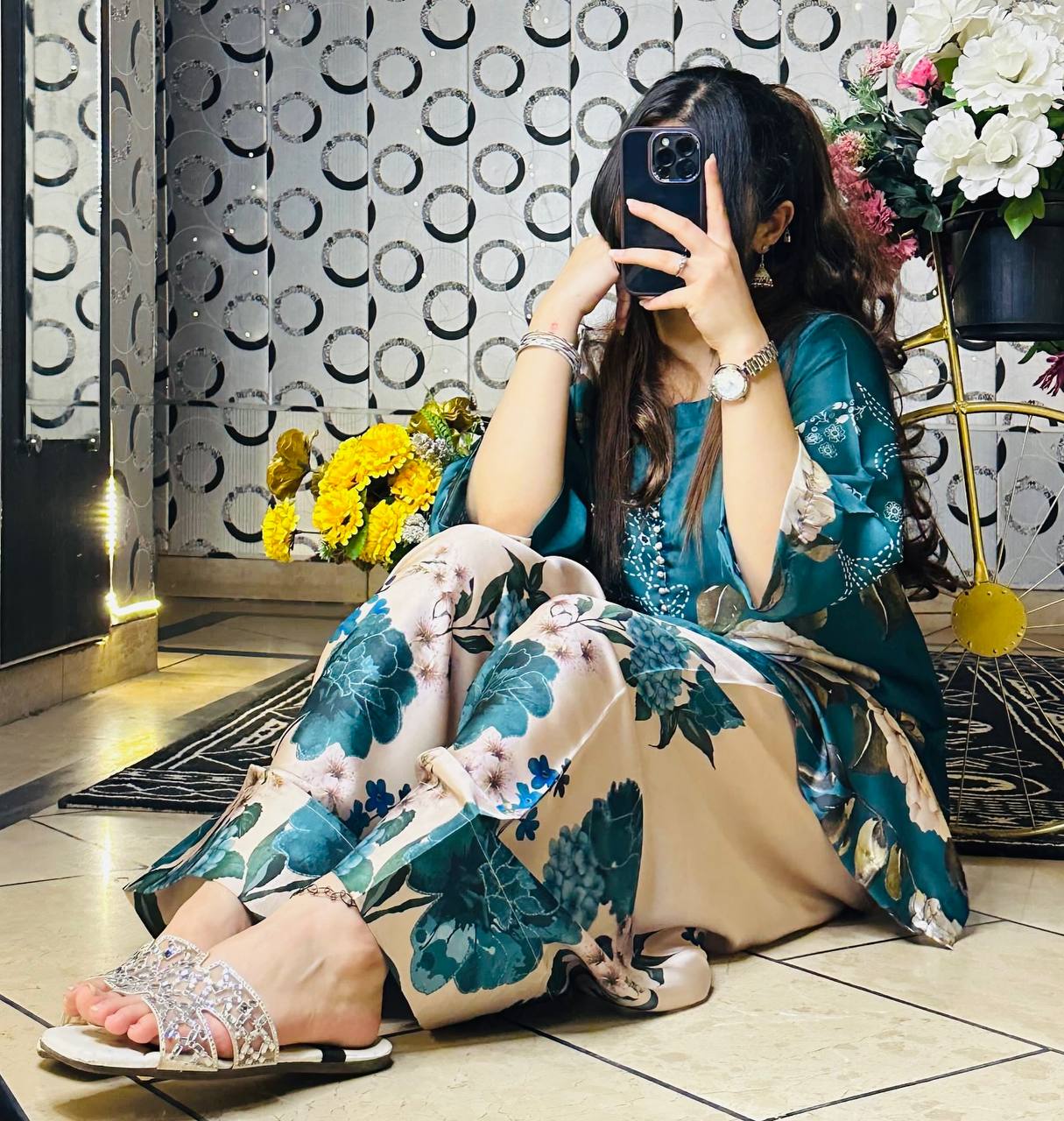 Teal Blue Designer Natural Crepe Silk Top Farshi Pant and Dupatta